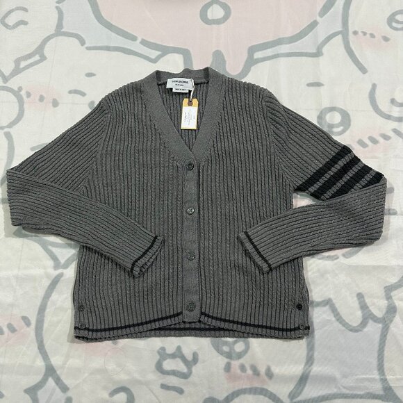 Thom Browne Women's Black Four-Striped Cardigan V-Neck Knitted Grey Jacket - Picture 1 of 6